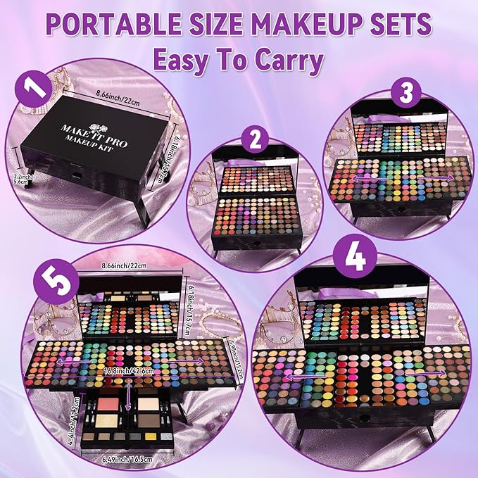 Women Makeup Sets Full Kits - 190 Colors Cosmetic Make Up Gifts Combination with Eyeshadow Facial Blusher Eyebrow Powder Face Concealer Powder Eyeliner Pencil Lip Colors with Full Size Mirror All-in-One Makeup Palette Kit (SET B)-Velvo Beauty
