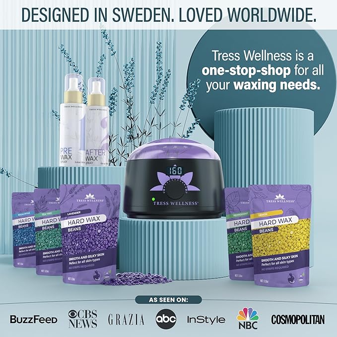 Tress Wellness Waxing Kit for Sensitive Skin – Safe for Face & Skin, Prep & Aftercare Spray, Easy to Use – At-Home Kit for Face, Bikini, Brazilian & Full Body - Digital Display, Blue Water-Velvo Beauty