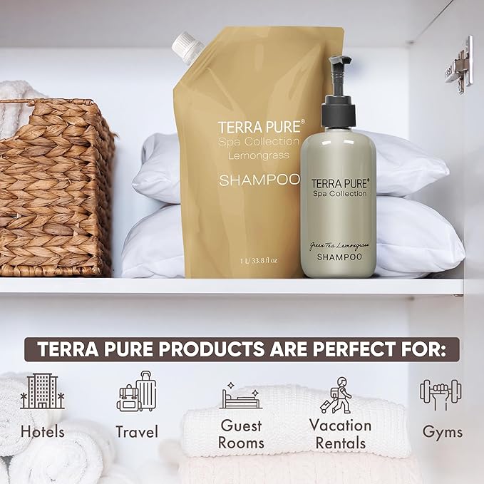 Terra Pure Spa Collection 1 Liter Shampoo Refill Bag For Soap Dispensers | Bulk Toiletries for Vacation Rentals, and Home Bathroom Showers | Green Tea Lemongrass | Single-Velvo Beauty