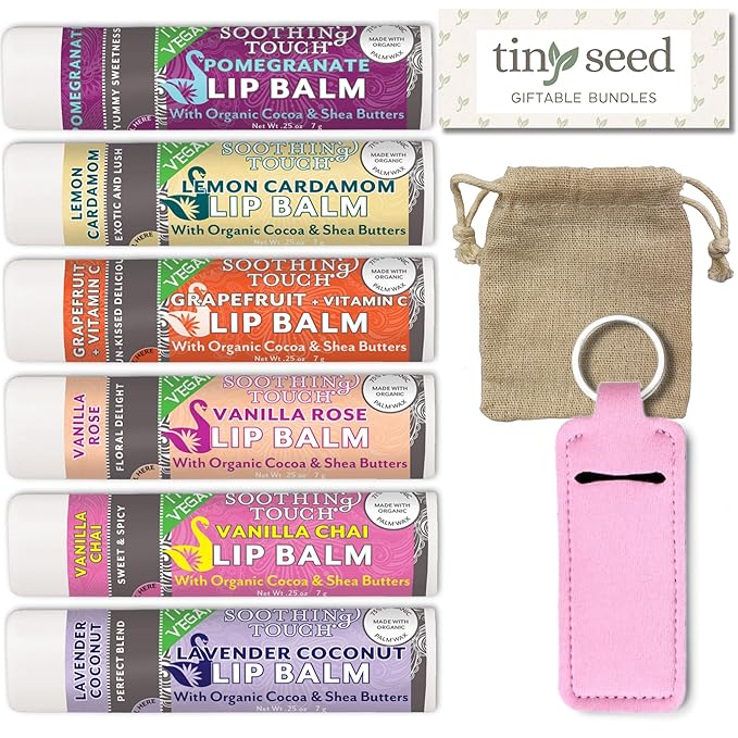 Vegan Lip Balm Set - Pack of 6 Soothing Touch Lip Balms. Includes Muslin Pouch & Lip Balm Holder Keychain (Pink): Pomegranate, Lemon Cardamom, Grapefruit, Vanilla Rose, Vanilla Chai, Lavender Coconut-Velvo Beauty