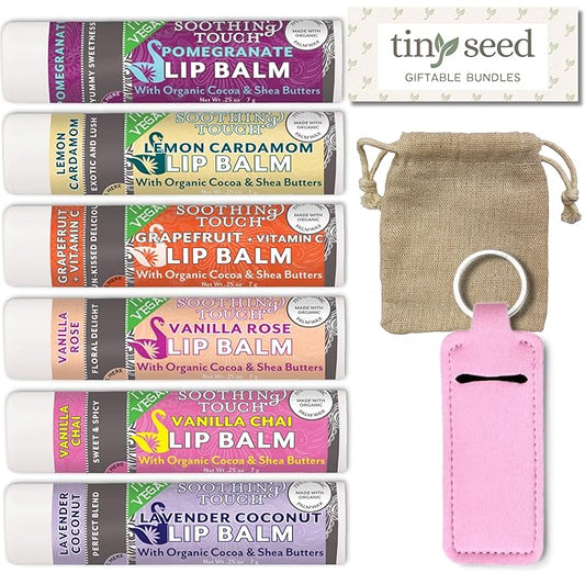 Vegan Lip Balm Set - Pack of 6 Soothing Touch Lip Balms. Includes Muslin Pouch & Lip Balm Holder Keychain (Pink): Pomegranate, Lemon Cardamom, Grapefruit, Vanilla Rose, Vanilla Chai, Lavender Coconut-Velvo Beauty