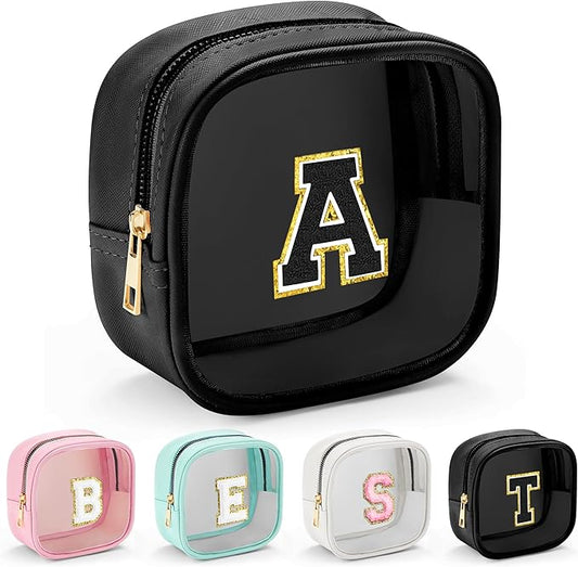 YOOLIFE Initial Mini Makeup Bag | Make Up Bag Travel Toiletry Bag | Clear Makeup Bag | Preppy Cosmetic Bags Organizer Travel Essentials Gifts for Women Teen Girlfriend Teacher Birthday Gifts Black A-Velvo Beauty