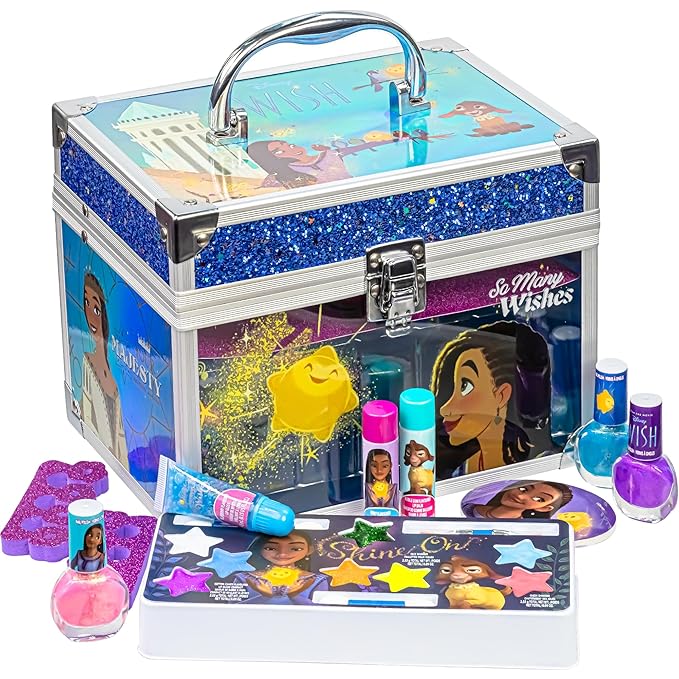 Disney Wish - Townley Girl Train Case Cosmetic Makeup Set Includes Lip Gloss, Eye Shimmer, Brush, Nail Polish, Accessories & more! for Girls, Ages 3+ perfect for Parties, Sleepovers & Makeovers-Velvo Beauty
