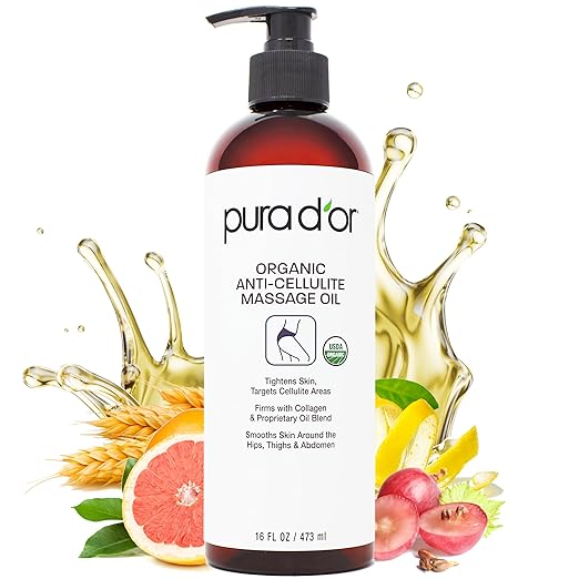 PURA D'OR 16 Oz Organic Anti-Cellulite Massage Oil - Lemon Peel, Moringa, Grape Seed, Grapefruit & Eucalyptus Oils - Skin Firming & Tightening for Active Individuals & Aging Adults-Velvo Beauty