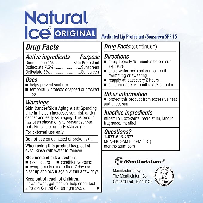 Mentholatum Natural Ice Lip Balm Original SPF 15 1 Each ( Packs of 48), 0.16 Ounce (Pack of 48)-Velvo Beauty