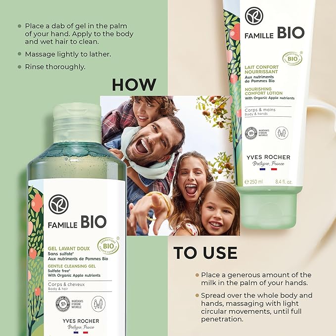 Yves Rocher Famille BIO Organic Cleansing Gel & Nourishing Comfort Milk Gift Set, Includes Vanity Bag, Apple Extract Botanical Formula, Organic Skin Care Products for Kids & Families-Velvo Beauty
