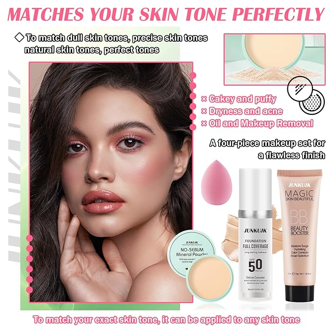 Color Changing Foundation Set,Full Coverage Foundation Liquid Foundation Makeup Gift Set,Moisturizing BB Cream for Women,Flawless Loose Setting Powder Face Primer Base Makeup Kit With Makeup Sponge-Velvo Beauty