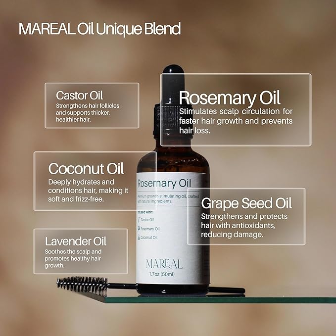 Pure Rosemary Oil for Hair Growth & Scalp Health | Infused with Castor & Coconut Oil | Hair Thickening & Regrowth Treatment for Women & Men | 100% Natural | Up to 2-Month Supply | 1.7 fl oz | MAREAL-Velvo Beauty