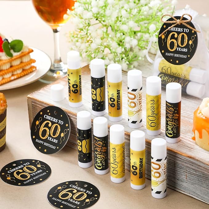 50 Sets 60th Birthday Favors Lip Balm Gifts Bulk Moisturizing Lip Balm with 50 Organza Drawstring Gift Bag 50 Tags 60th Birthday Party Supplies Gifts Bulk for Men and Woman-Velvo Beauty