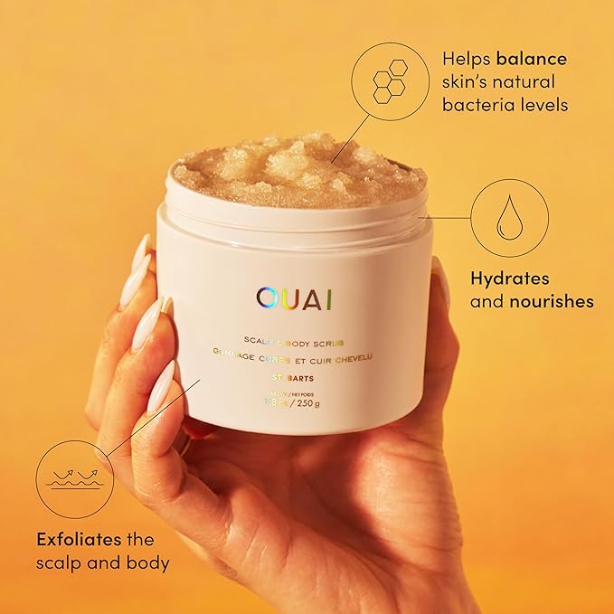 OUAI Scalp & Body Scrub, St. Barts - Exfoliating Body Scrub with Sugar & Coconut Oil Blend for Smooth, Moisturized Skin - Gentle Scalp Exfoliator for Removing Product Build Up (8.8 Oz)-Velvo Beauty