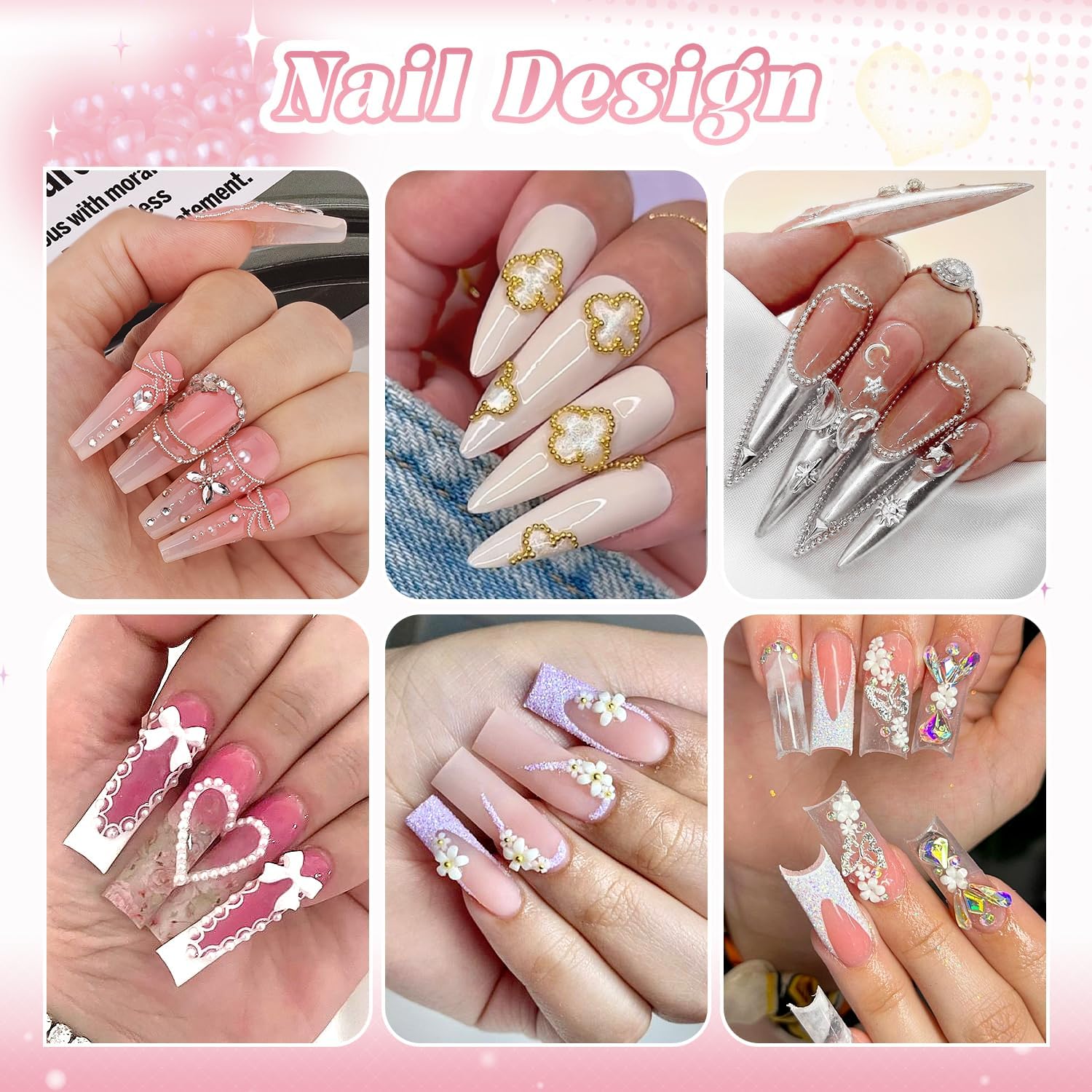 Metal 3D Flowers, Glass Rhinestones, Flatback Pearls, Caviar Beads for Nail Art - Multi Shapes Gems, Blossom Pearl Charms, Glue Gel for Manicure Decor-Velvo Beauty