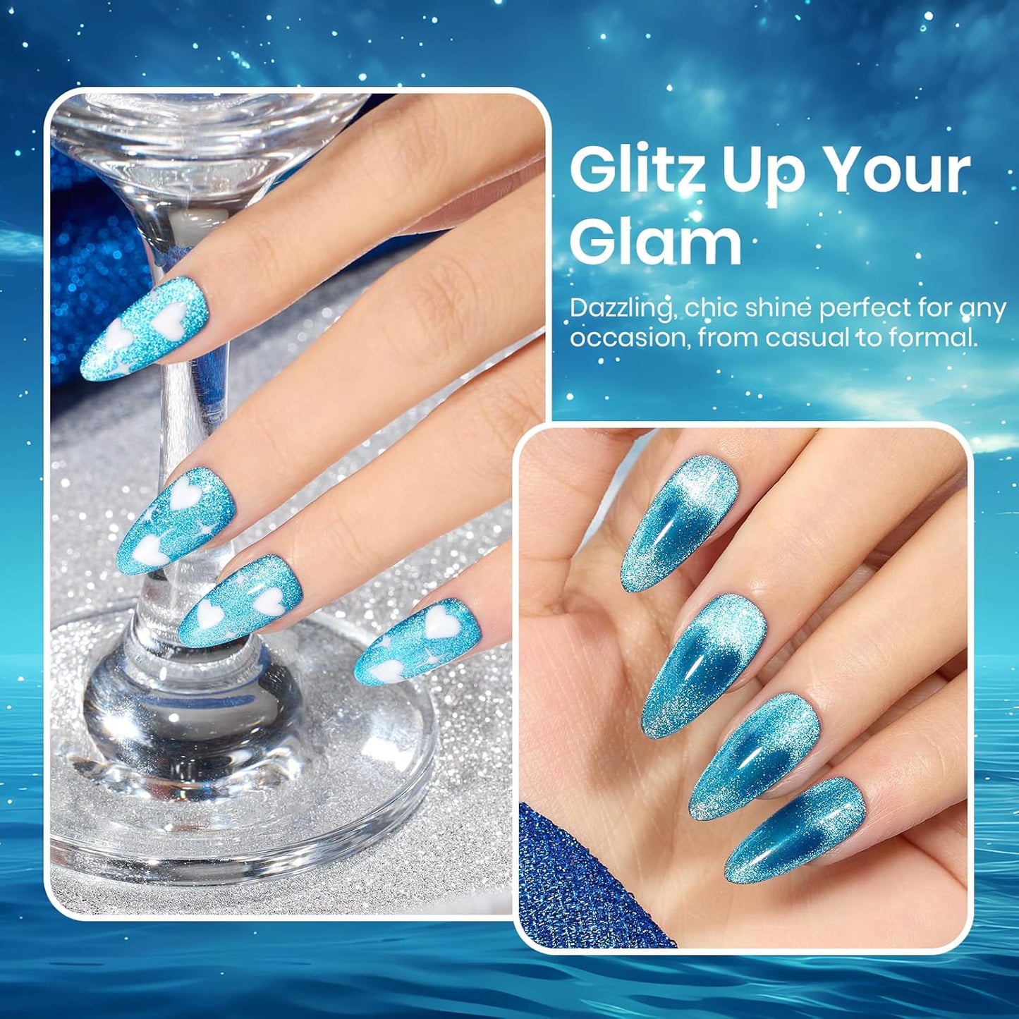 Beetles Blue Cat Eye Gel Polish, 15ML Blue Cat Eye Glitter Gel Polish with Magnet Shimmer Velvet Gel Soak Off UV Stellar Ocean Collection French Nail Art Design Manicure Summer Gifts for Women-Velvo Beauty