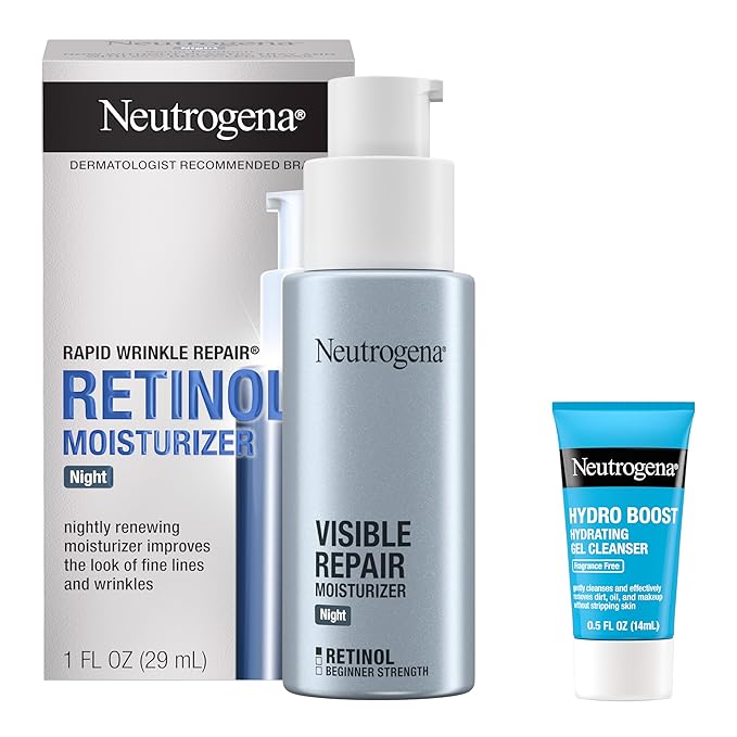 Neutrogena Rapid Wrinkle Repair Retinol Face Moisturizer Night Cream, Anti-Aging Face Cream with Retinol & Hyaluronic Acid, 1 fl. oz + Trial Size Hydro Boost Facial Cleanser, 0.5 fl. oz-Velvo Beauty