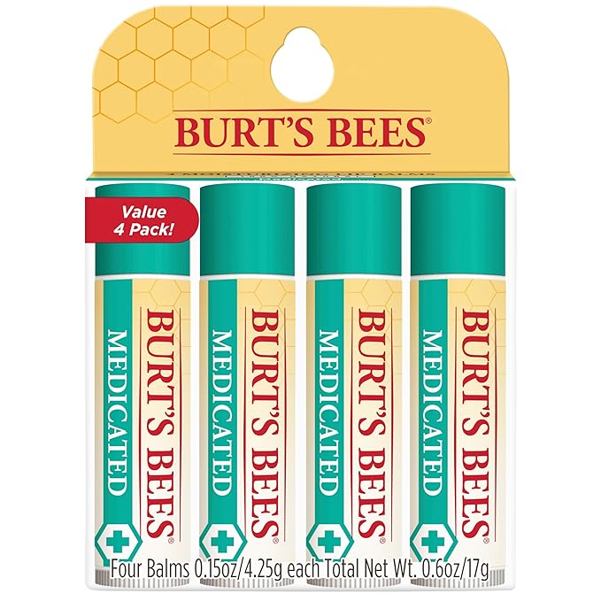 Burt's Bees Medicated Lip Balm, With Eucalyptus Oil and Menthol, Tint-Free, Natural Origin Lip Care, 4 Tubes, 0.15 oz.-Velvo Beauty