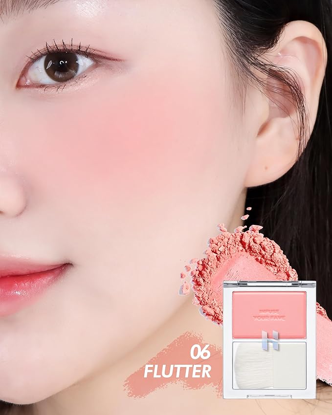 HOLIKA HOLIKA Infusing Blush with Brush - Lightweight, Smooth, Blendable Cheek Blusher, Sebum-Control, Natural Pore Coverage, Built-In Brush, Long-Lasting Pigment for Romantic Mood (06 FLUTTER)-Velvo Beauty