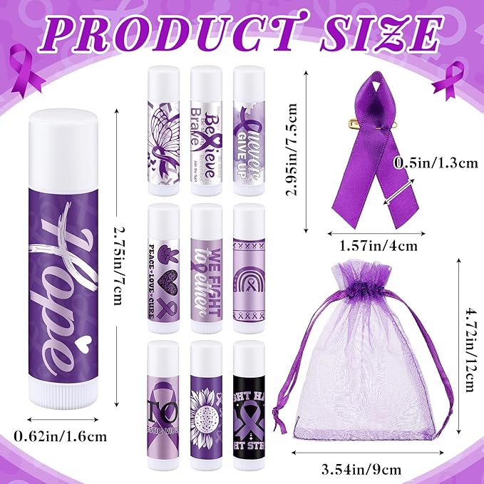 50 Set Overdose Awareness Lip Balms Gifts with 50 Organza Bags 50 Purple Awareness Ribbon Pins Raise Awareness for Domestic Violence Pancreatic Cancer Lupus Alzheimer's Awareness-Velvo Beauty