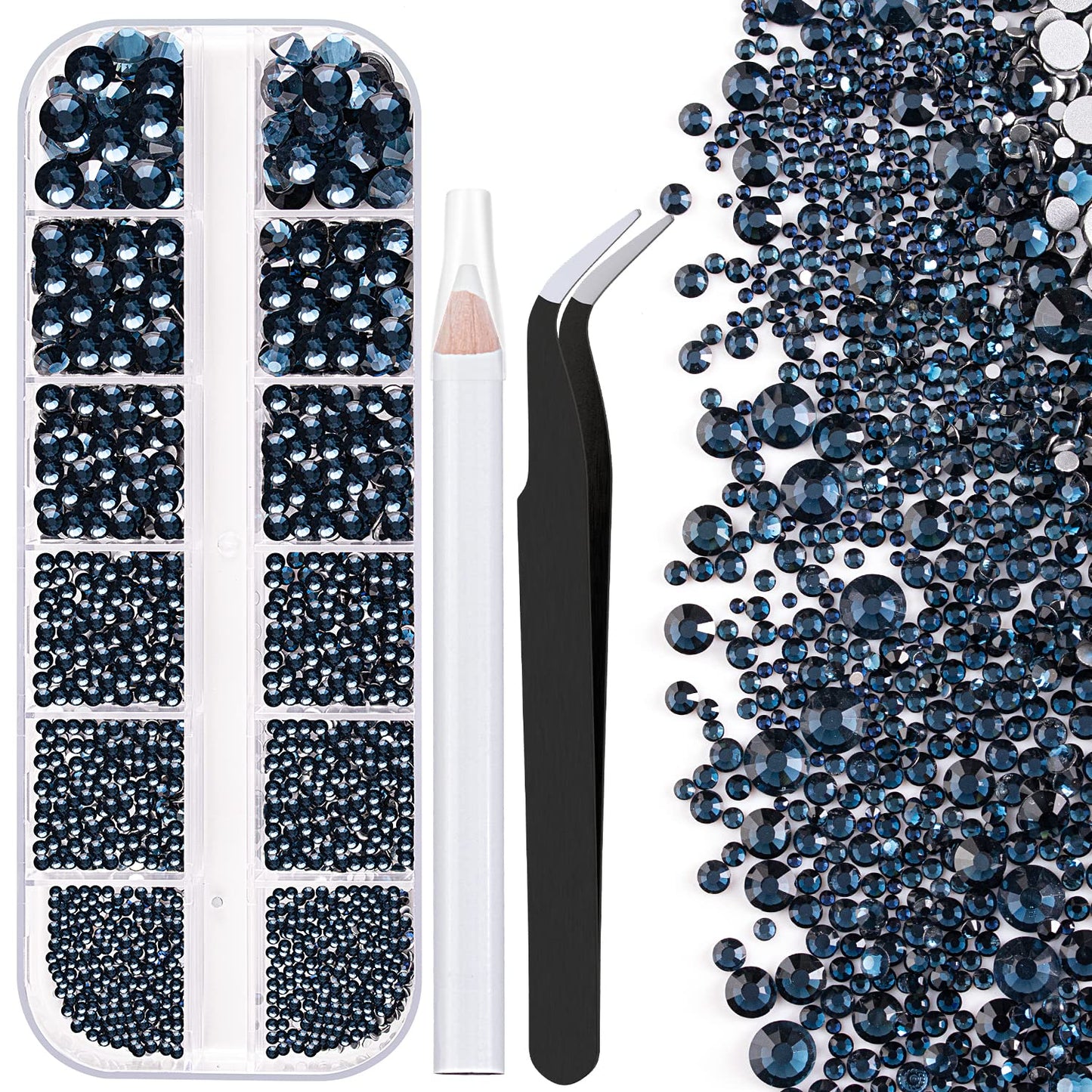 One Pack 2000 Pcs of Flatback Round Navy Blue Rhinestones 6 Sizes (1.5-6 mm) with Nail Art Rhinestone Picker Pencil and Tweezer for DIY and Salon Use-Velvo Beauty