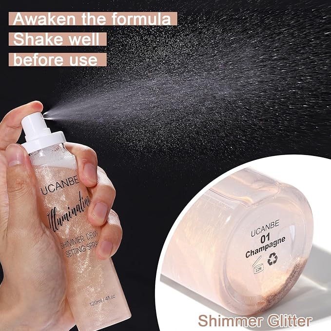 UCANBE Shimmer Dewy Setting Spray – Glowing + Makeup Setting Spray 2 in 1 Lightweight Formula for a Radiant Glow,Long-Lasting Face Mist for Face Body, 4 Fl Oz #Platinum-Velvo Beauty