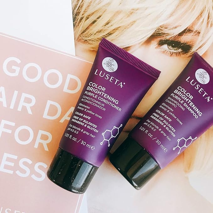 Luseta Color Brightening Purple Shampoo and Conditioner Travel Kit for Blonde and Gray Hair -Infused with Cocos Nucifera Oil to Help Nourish, Moisturize and Condition Hair, 2x1.01oz-Velvo Beauty