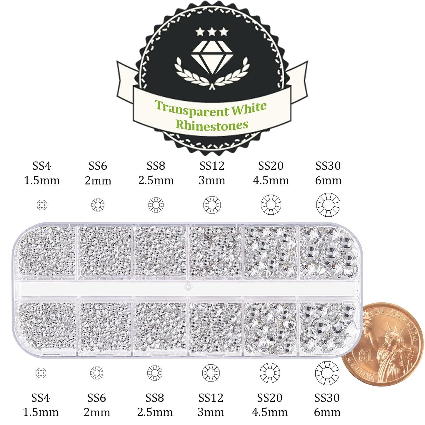 One Pack 2000 Pcs of Flatback Transparent White Clear Round Crystal Rhinestones 6 Sizes (1.5-6 mm) with Nail Art Rhinestone Picker Pencil and Tweezer for DIY and Salon Use-Velvo Beauty