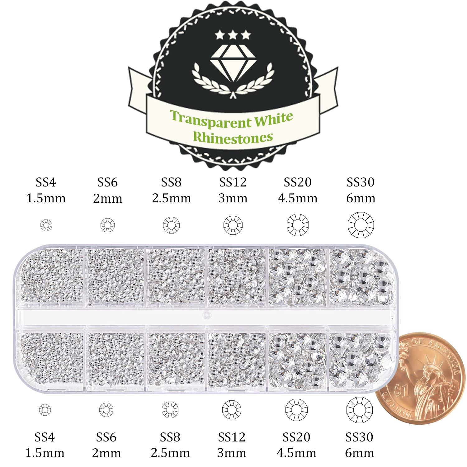 One Pack 2000 Pcs of Flatback Transparent White Clear Round Crystal Rhinestones 6 Sizes (1.5-6 mm) with Nail Art Rhinestone Picker Pencil and Tweezer for DIY and Salon Use-Velvo Beauty
