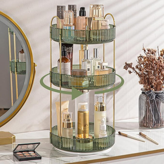 Rotating Makeup Organizer for Vanity, High-Capacity Skincare Clear Make Up Storage Perfume Organizers Cosmetic Dresser Organizer Countertop 360 Spinning (Green, 3 Tier)-Velvo Beauty