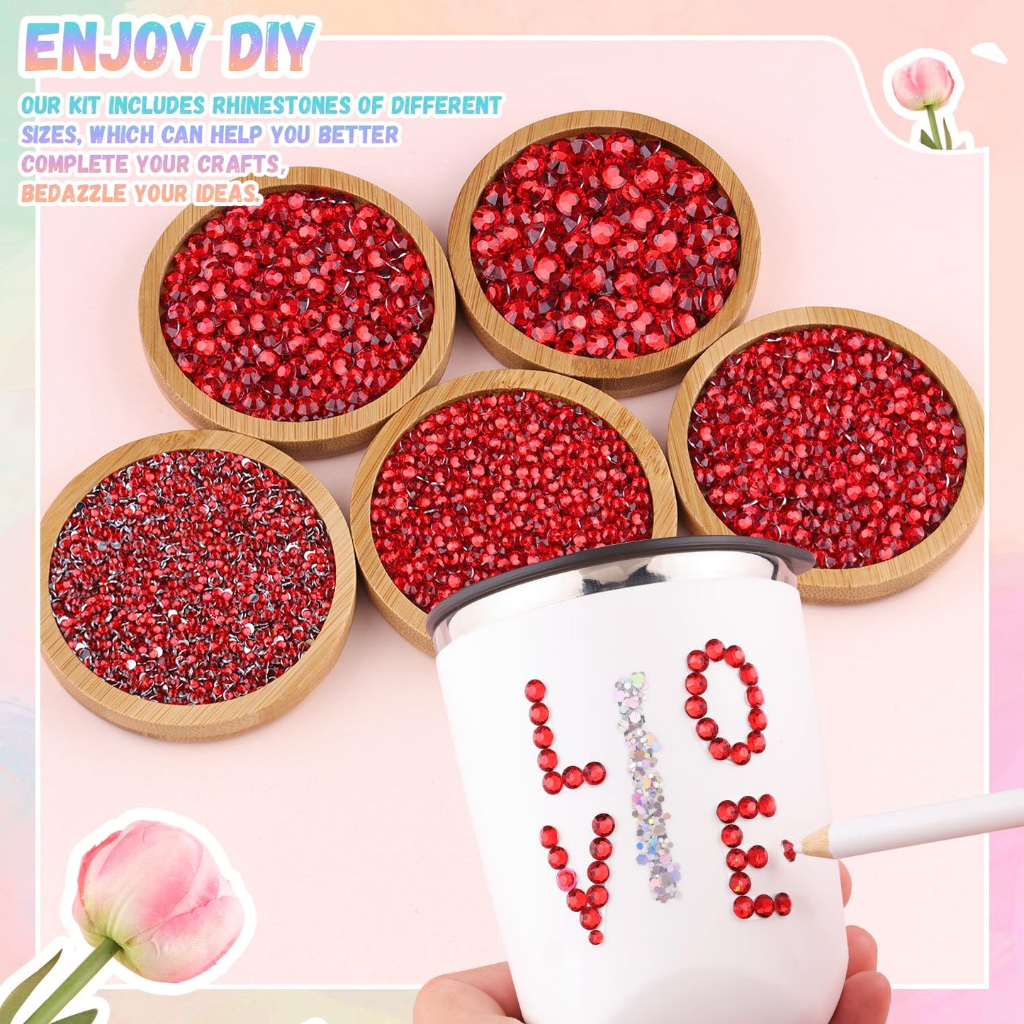 25000Pcs Resin Rhinestones with Tweezers for Crafting, 2-6mm Mixed Sizes (Red) Non Hotfix Flatback Gems, Bedazzling Crystal for DIY Crafts Clothing Tumblers Mugs Shoes Decor Nail Art-Velvo Beauty