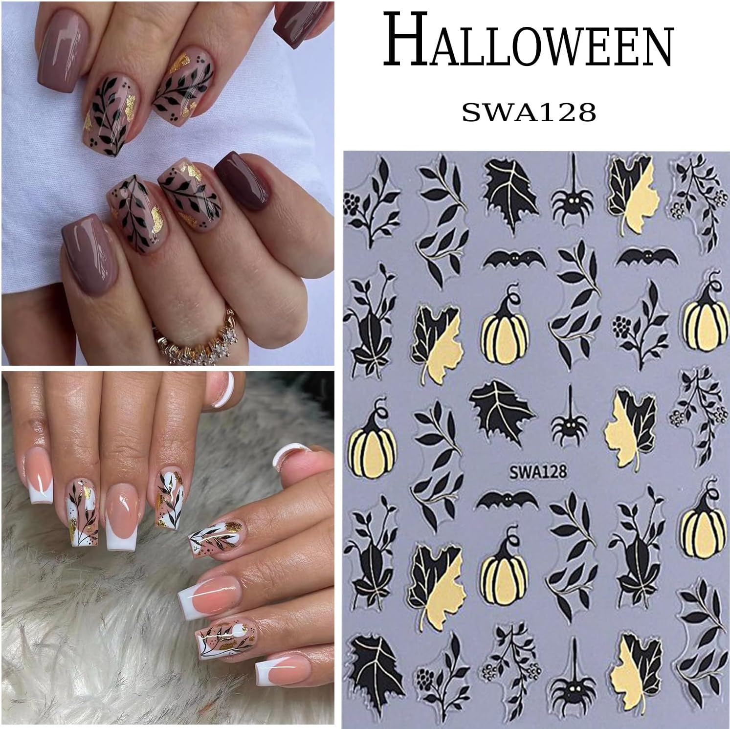 6 Sheets Halloween Nail Art Stickers 3D Self -Adhesive Pumpkin and Leaves Nail Decals Holographic Spider Bat Nail Stickers Halloween Nail Decoration for Women Manicure Supplies-Velvo Beauty