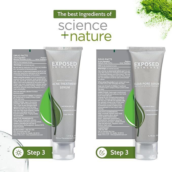 Exposed Skin Care Basic Acne Treatment Kit - Includes Salicylic Acid Face Wash, Clearing Tonic, Treatment Serum with Benzoyl Peroxide, Clear Pore Serum - Natural Acne Solution for All Skin Types-Velvo Beauty