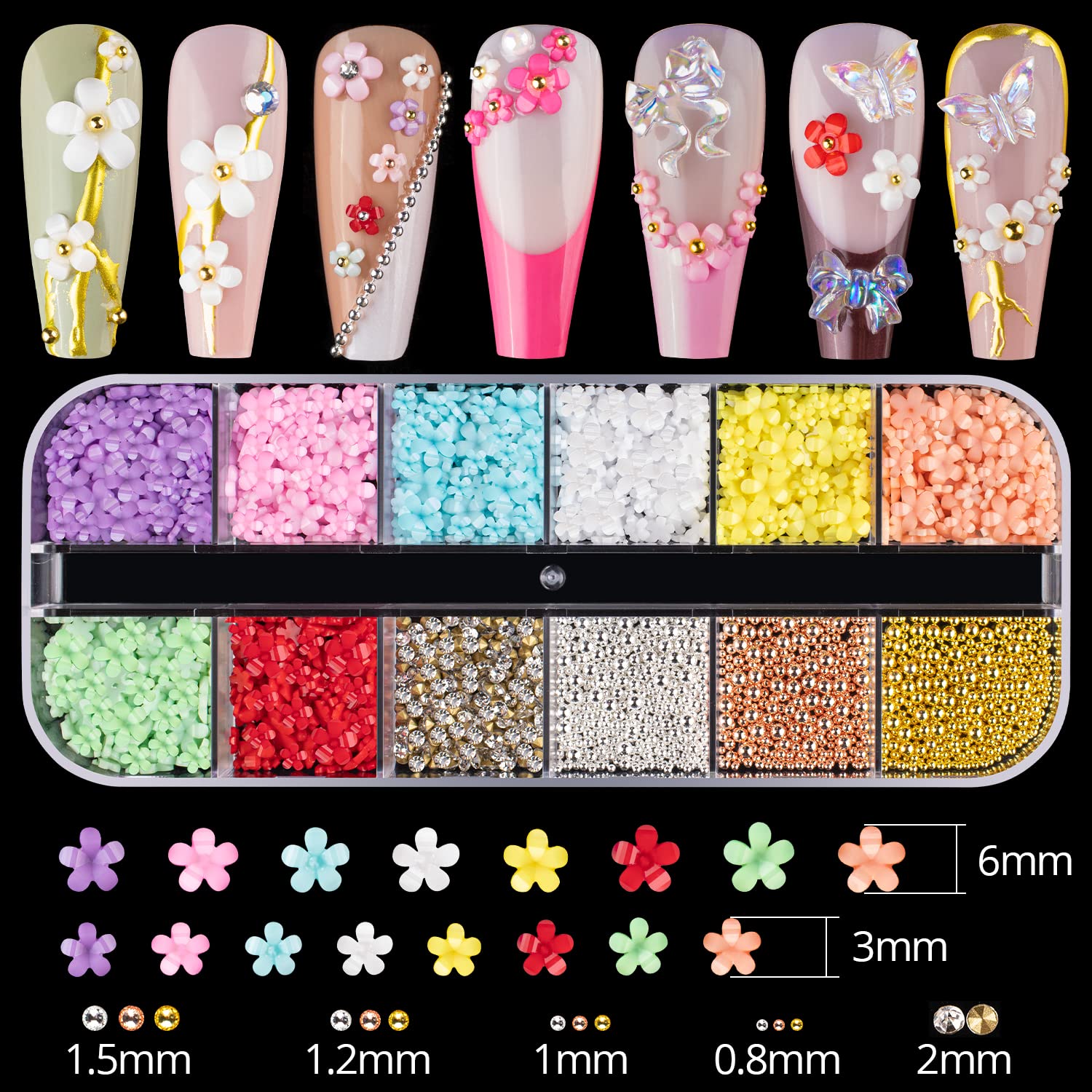 Mixed 3D Nail Art Gem Decoration Accessories Kit #3, Butterfly Starry AB Rhinestone Charm Jewelry for Deco, Pearl Flower Caviar Bead Stone Crystal with Dual-End Brush and Tweezer-Velvo Beauty