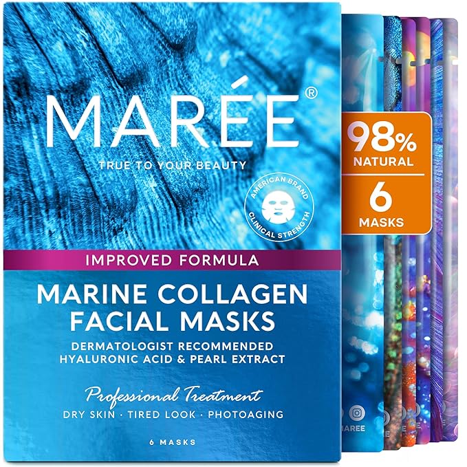 MAREE Collagen Facial Mask with Hyaluronic Acid - Hydrating Face Masks Skincare - Mascarillas Faciales For Women Skin Care - Multicolor, 6 Count-Velvo Beauty
