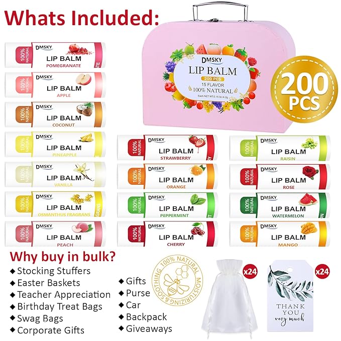 DMSKY 200 Pack Lip Balm, Natural Lip Balm Bulk with Vitamin E and Coconut Oil, Moisturizing Soothing Chapped Lips, Gifts for Women Stocking Stuffers Party Favors-Velvo Beauty