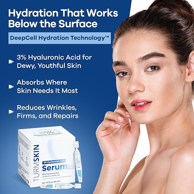 TURMSKIN® Hyaluronic Acid Serum Ampoules [ULTRA HYDRATING VIALS] - 3% Hyaluron Booster for Glass Skin & Anti Aging - 24 Hours Hydration - Soft PE Triple Hyaluronic Complex for Faceskin Repair & Renew-Velvo Beauty