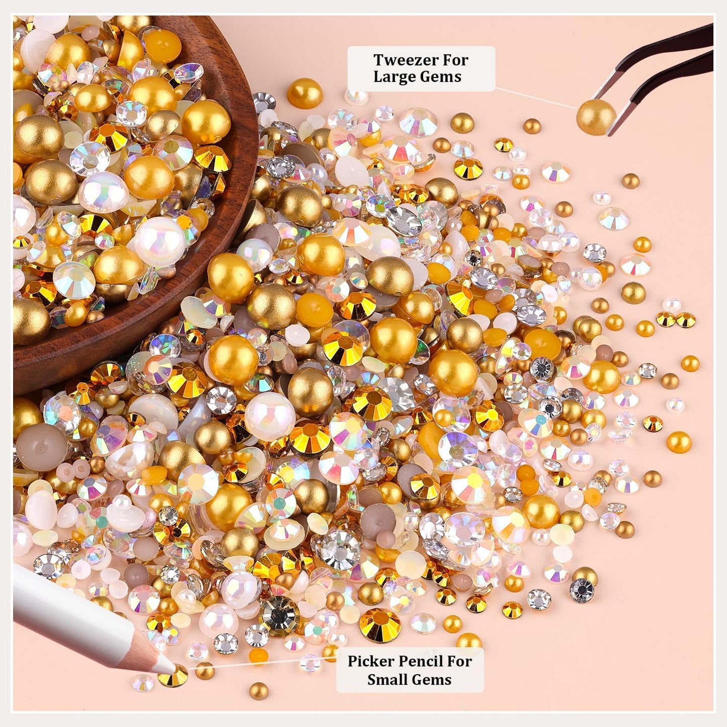 9000PCS Flatback Pearls and Rhinestones for Crafting, White Brown Mixed Size 3-10mm Resin Rhinestones and Half Pearls for Bedazzling, Nail Art and Decoration with Tweezer and Pickup Pencil-Velvo Beauty