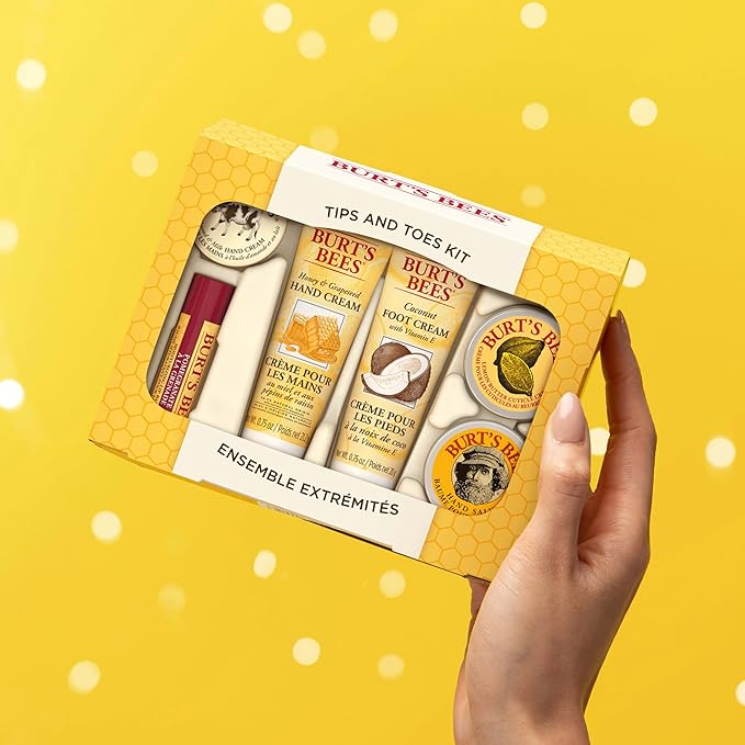 Burt's Bees Back to School Gifts Ideas, 6 Body Care College Dorm Products, Tips and Toes Set - Pomegranate Moisturizing Lip Balm, 2 Hand Creams, Foot Cream, Cuticle Cream & Hand Salve-Velvo Beauty