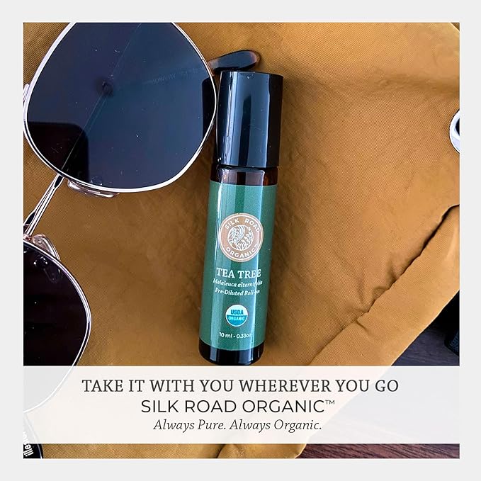 Silk Road Organic Tea Tree Essential Oil Roll On, 100% Pure USDA Certified – Healthy Skin, Toenails, Feet, Body Odor - 10 ml Roller - Always Pure, Always Organic-Velvo Beauty