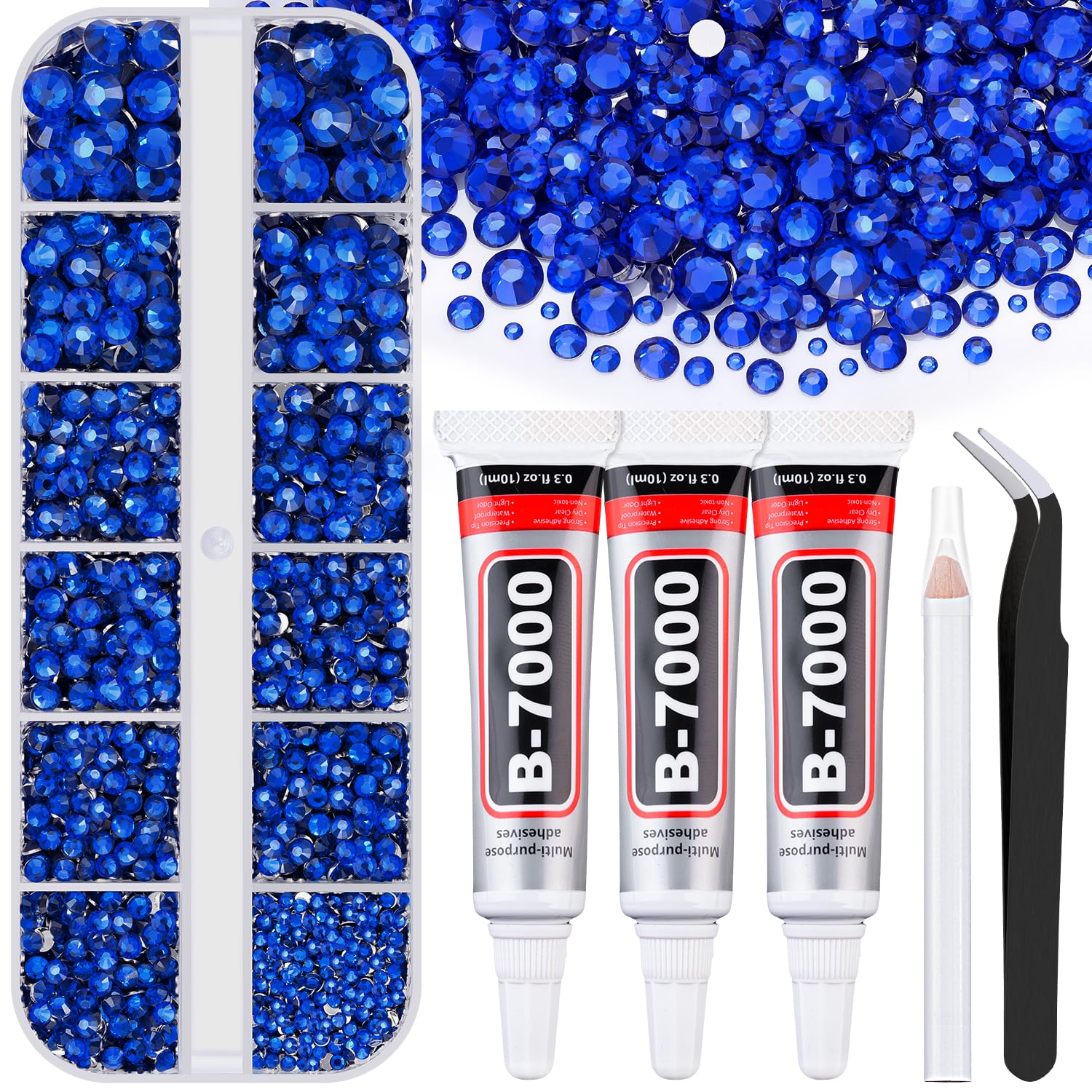 6000Pcs Resin Rhinestones for Bedazzling with 3Pcs B7000 Jewelry Glue, 1 Box Royal Blue Flatback Rhinestones for Crafting Crafts DIY, Crystals Gems for Clothing Shoes Tumblers Nail Art Makeup-Velvo Beauty