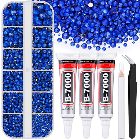 6000Pcs Resin Rhinestones for Bedazzling with 3Pcs B7000 Jewelry Glue, 1 Box Royal Blue Flatback Rhinestones for Crafting Crafts DIY, Crystals Gems for Clothing Shoes Tumblers Nail Art Makeup-Velvo Beauty