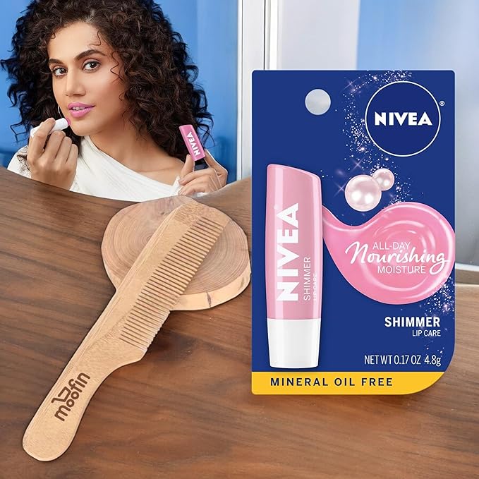 Nivea Lip Balm Shimmer Lip Care, 0.17 Oz Stick For Soft, Radiant Lips, Long-Lasting Hydration With Pearly Shimmer, Mineral Oil-Free, Lip Balm Hydrating - Bundles With Wooden Comb, [Pack Of 5]-Velvo Beauty