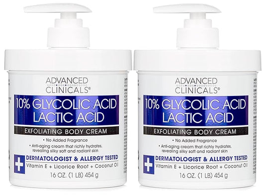 Advanced Clinicals 10% Glycolic Acid + Lactic Acid Lotion Exfoliant Moisturizing Cream With Hyaluronic Acid Moisturizer | AHA Exfoliating Body Cream Improves Look Of Uneven Rough Skin Texture, 2-Pack-Velvo Beauty