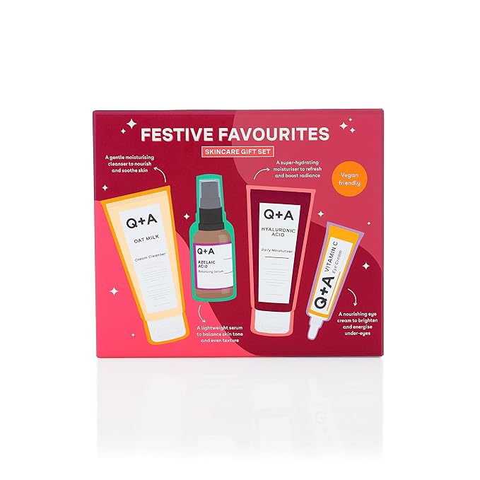 Q+A Festive Favourites Gift Set, containing a Hyaluronic Acid Moisturiser (75ml), an Oat Milk Cream Cleanser (75ml), an Azelaic Acid Serum (30ml), and a Caffeine Eye Serum (15ml)-Velvo Beauty