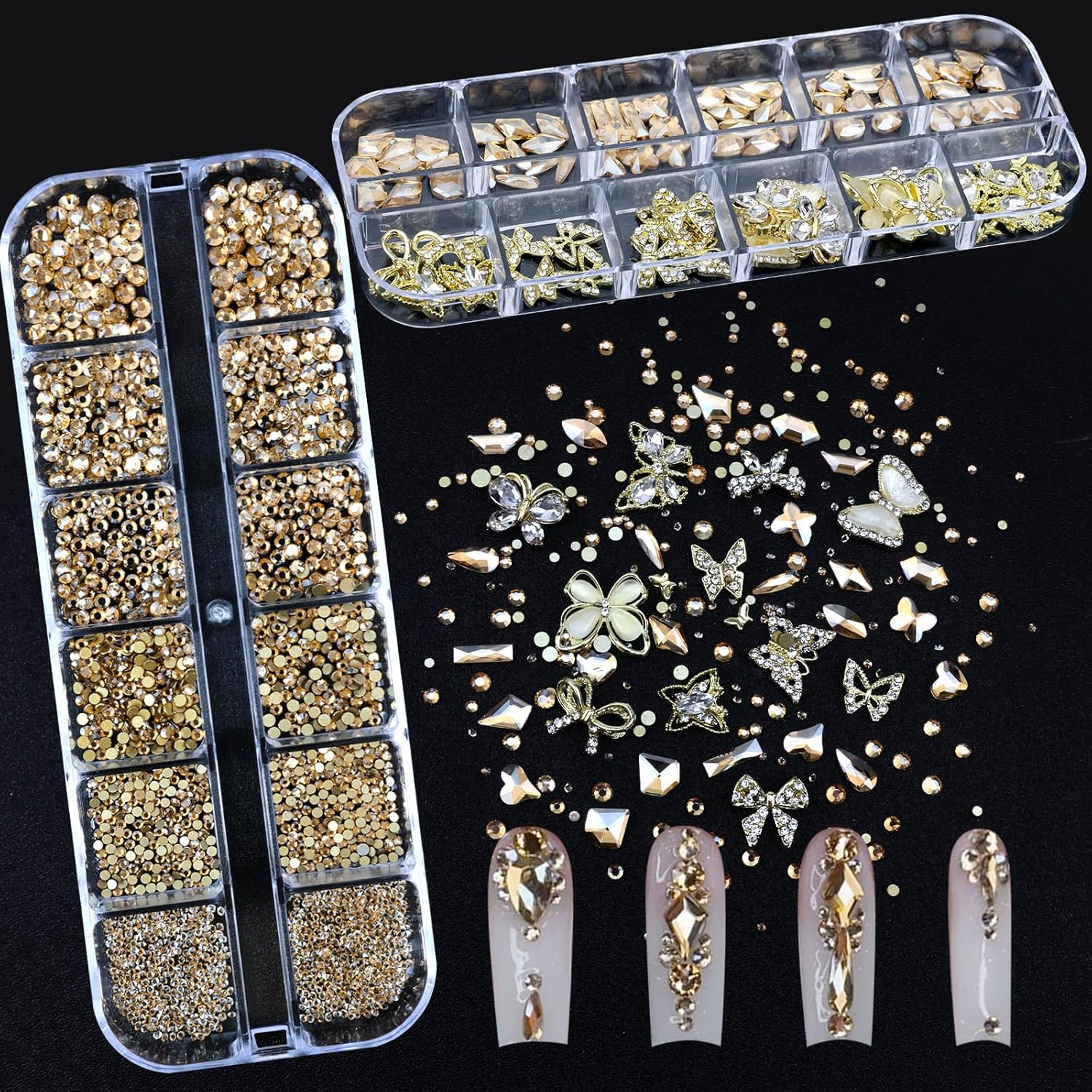 Nail Art Charms Rhinestones with Glue Gel Champagne Nail Rhinestones Supplies Accessories Gold Butterfly Multi Shape Crystal AB Rhinestone Nails Gems Jewelry for Women Nails Design-Velvo Beauty