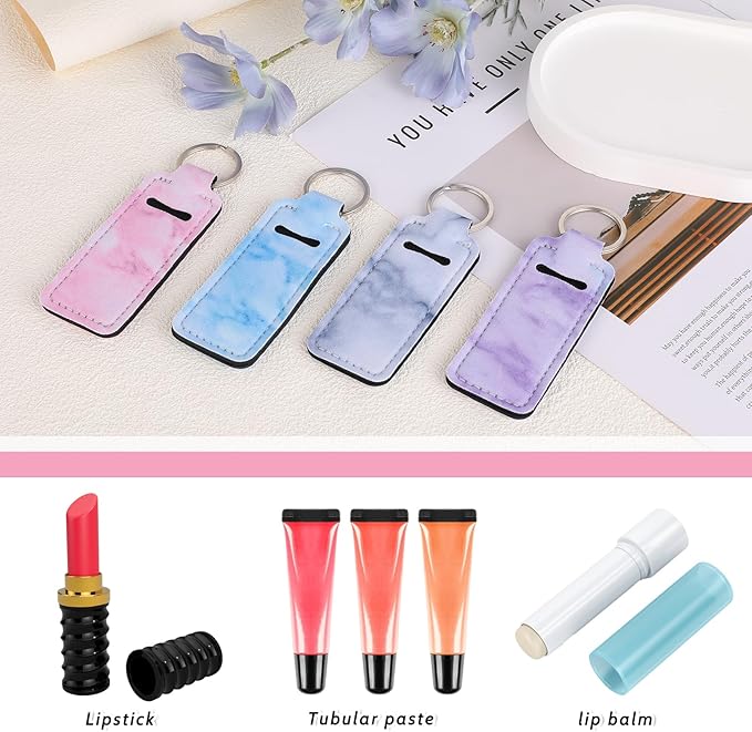 4Pcs Chapstick Holder Keychain, Lip Balm Sleeve Pouch, Chapstick Holder With Clip, Lip Balm Holder, Stocking Stuffers Gift for Women(Pink, Gray, Purple, Blue)-Velvo Beauty