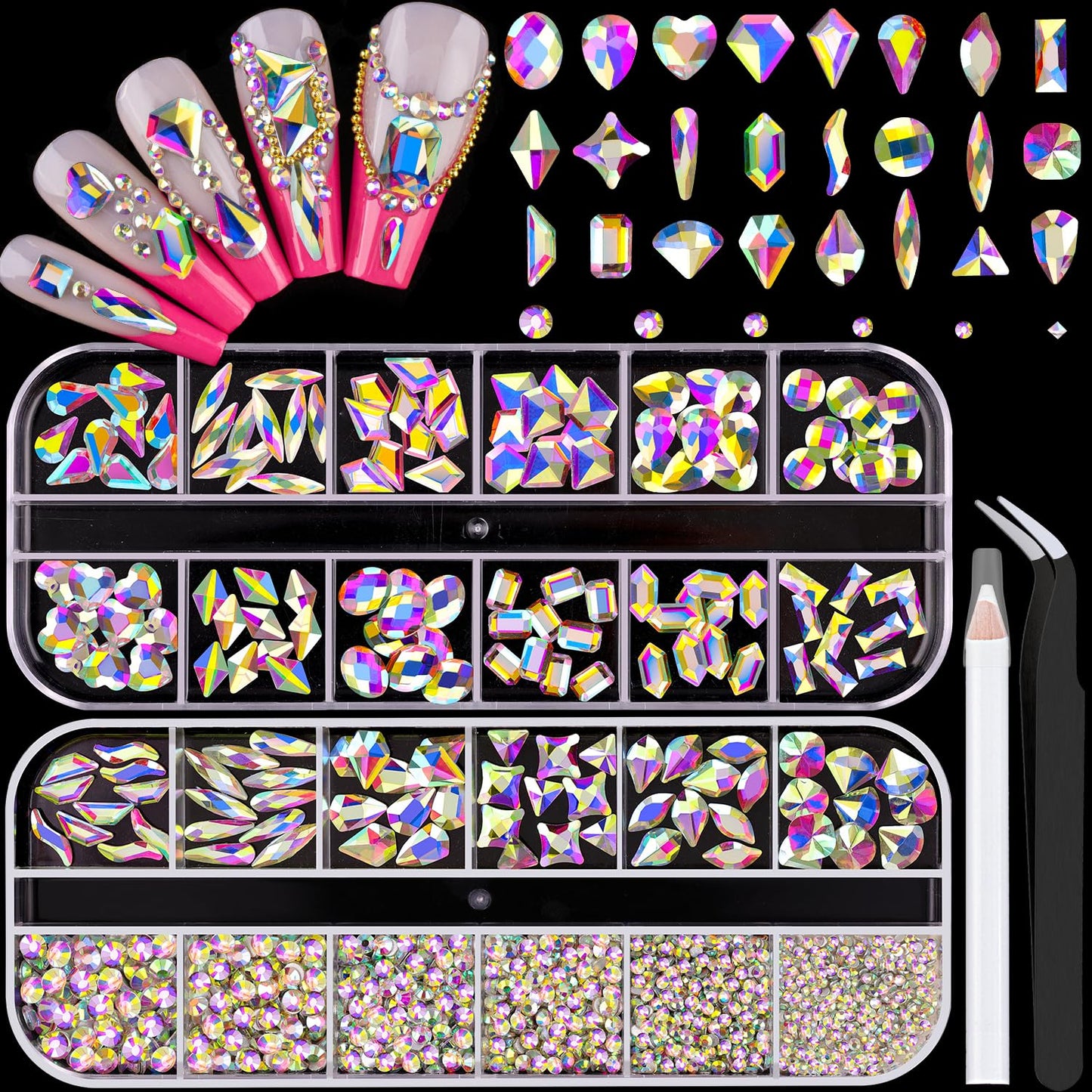 1680Pcs AB Glass Nail Rhinestones 180Pcs Multi Shapes Flatback Nail Gems + 1500Pcs 1.5-4mm Round Crystal, Manicure Nail Charms Diamond Gemstones for Acrylic Nails Decoration-Velvo Beauty