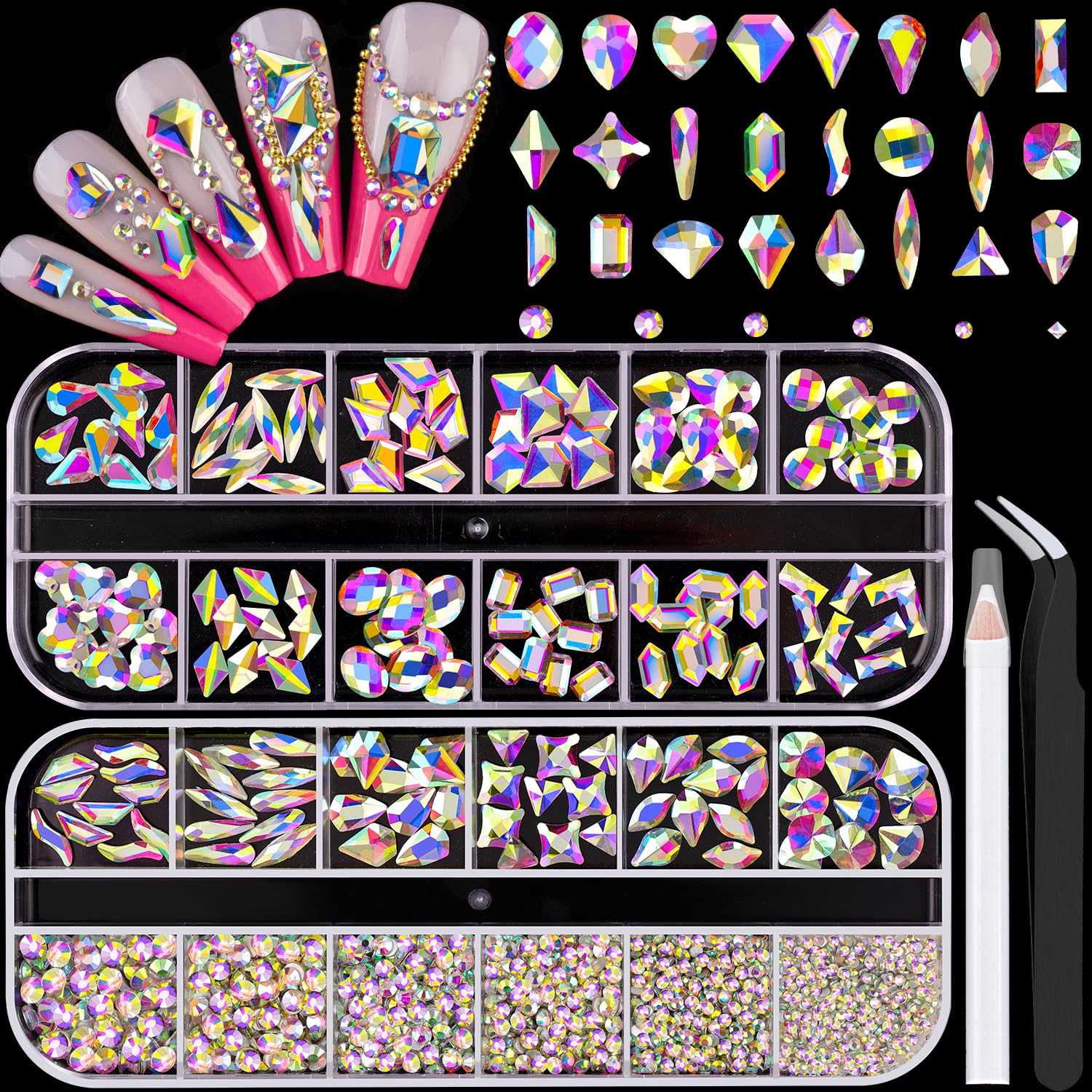 1680Pcs AB Glass Nail Rhinestones 180Pcs Multi Shapes Flatback Nail Gems + 1500Pcs 1.5-4mm Round Crystal, Manicure Nail Charms Diamond Gemstones for Acrylic Nails Decoration-Velvo Beauty