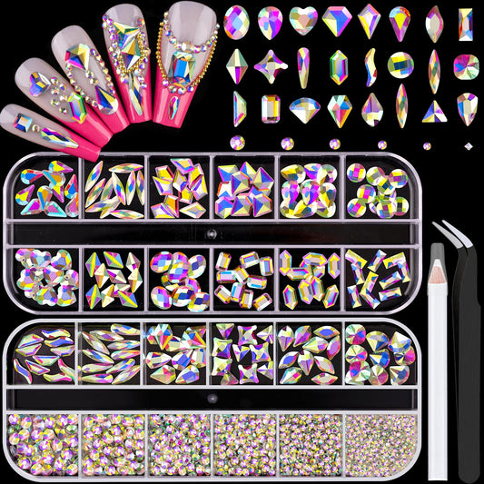 1680Pcs AB Glass Nail Rhinestones 180Pcs Multi Shapes Flatback Nail Gems + 1500Pcs 1.5-4mm Round Crystal, Manicure Nail Charms Diamond Gemstones for Acrylic Nails Decoration-Velvo Beauty