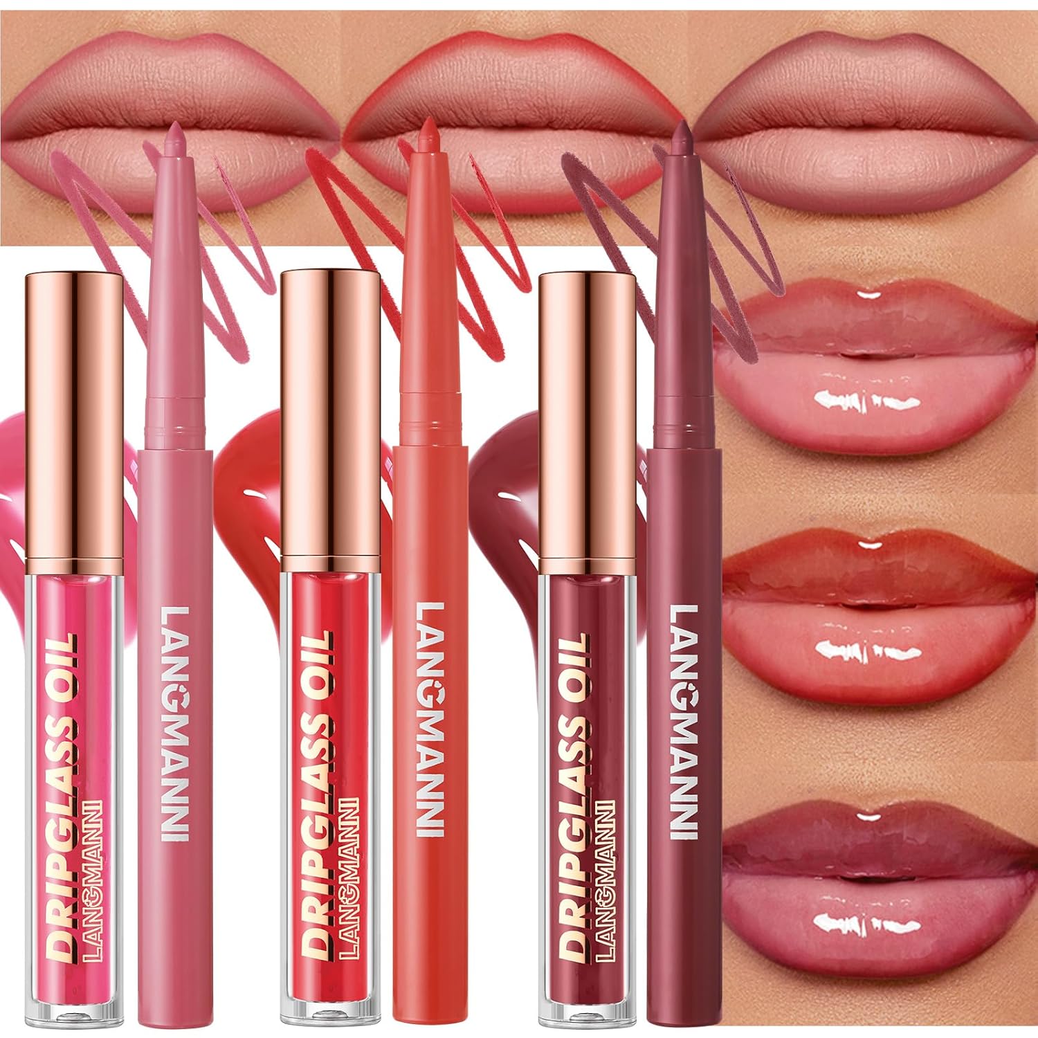 6pcs Hydrating Lip Oils + Lip Liner Pencil Lip Combo Sets, 24H Long-Lasting Lip Kit with Lip Liner and Gloss, Nourishing, Non-Sticky Tinted Stain Lip Gloss Plumping Lip Oil Set for Women(Set B)-Velvo Beauty