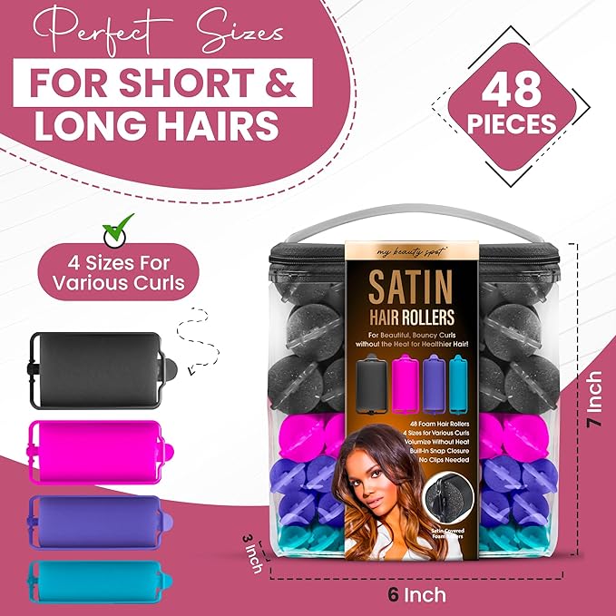 My Beauty Spot Heatless Rollers - Satin Hair Rollers - Overnight Hair Curlers, 48Pcs Overnight Foam Curlers, No Clips, Assorted Sizes & Colors, with Storage Case-Velvo Beauty
