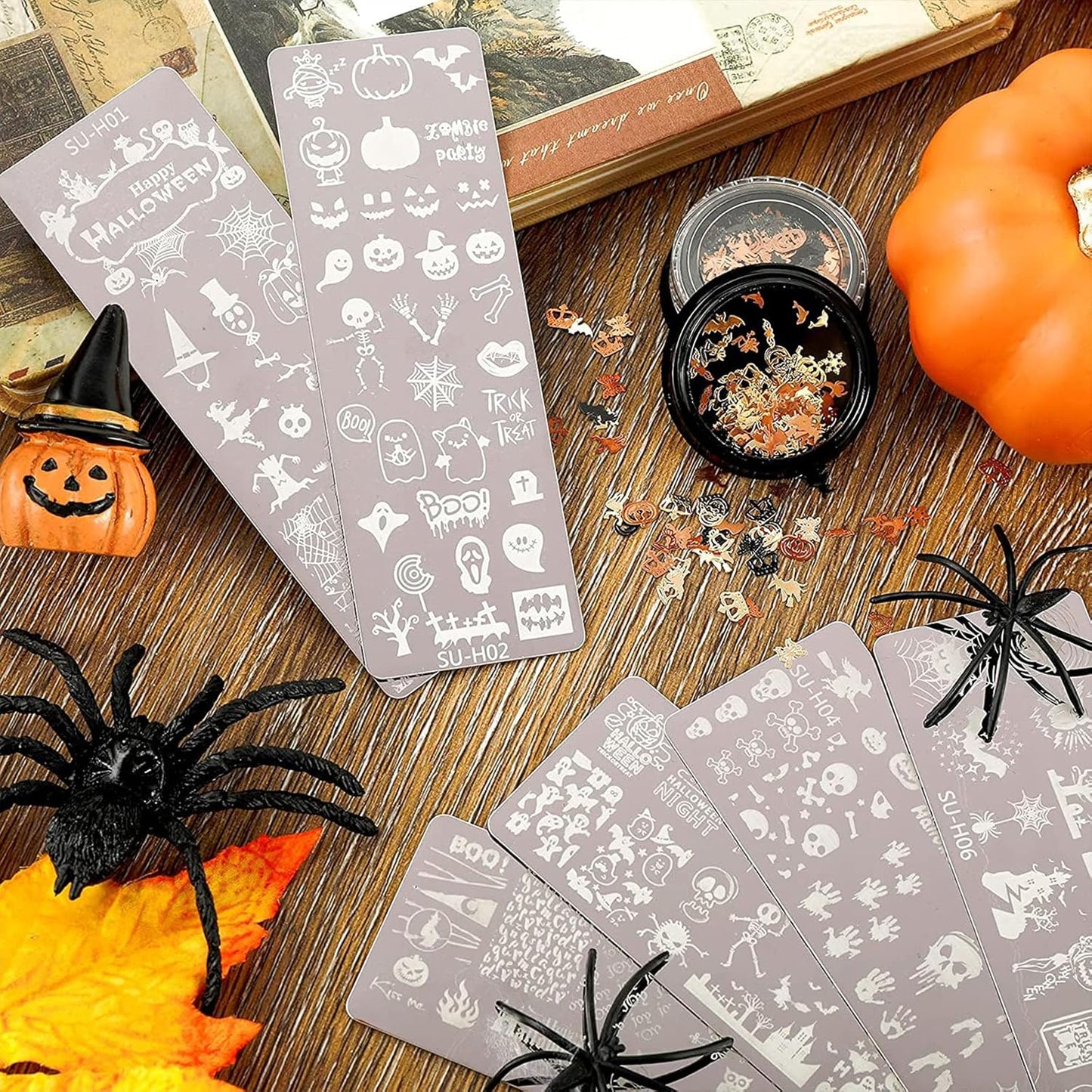 Halloween Nail Stamper Kit 6 Pcs Nail Plates +1 Nail Stamper + 1 Nail Scraper Horror Skull Spider Ghost Bat Nail Art Design Template Nail Stencils Plates Nail Supplies Tools Nail 8pcs Set-Velvo Beauty