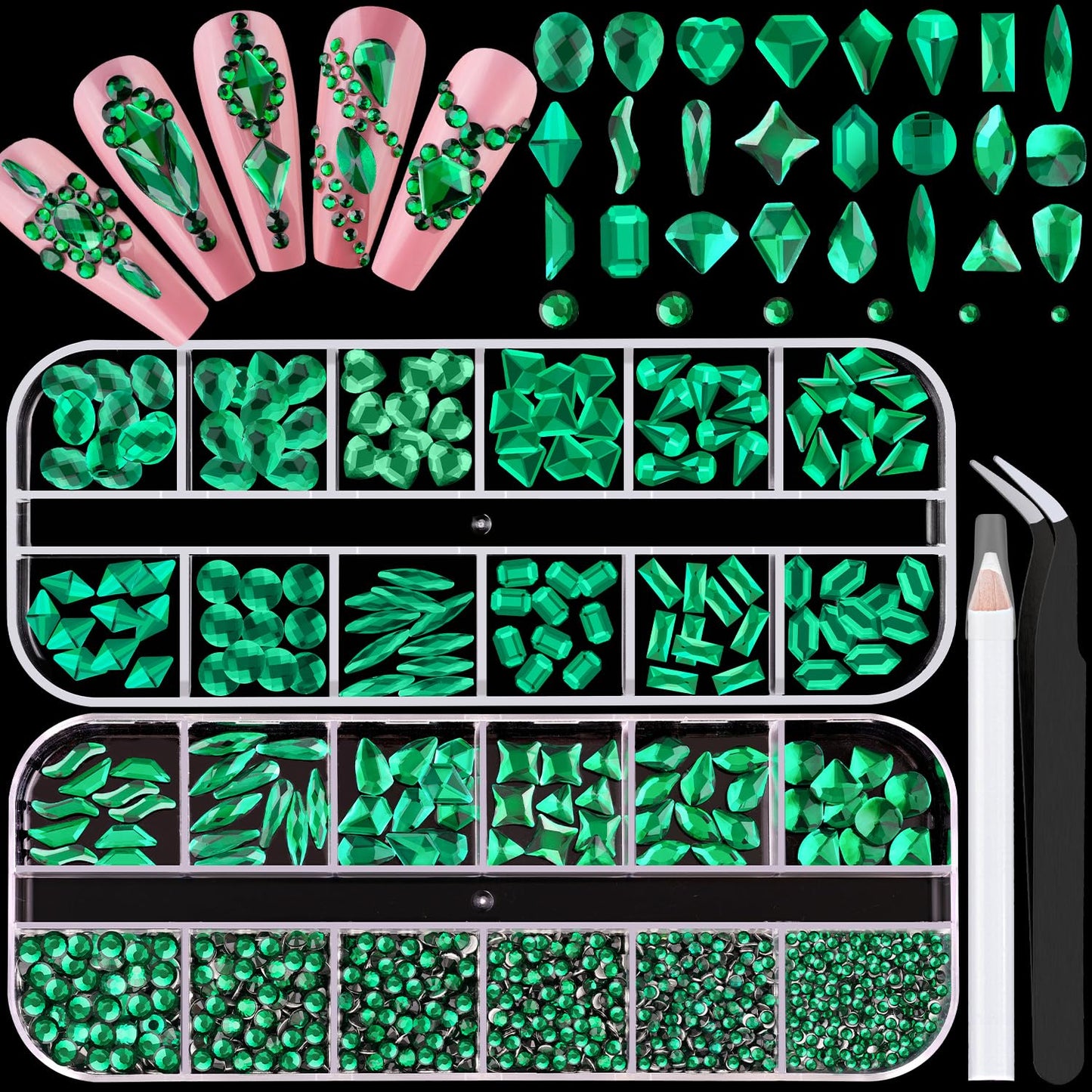 1680Pcs Emerald Green Glass Nail Rhinestones 180Pcs Multi Shapes Flatback Nail Gems + 1500Pcs 1.5-4mm Round Crystal, Manicure Nail Charms Diamond Gemstone for Acrylic Nails Decoration-Velvo Beauty